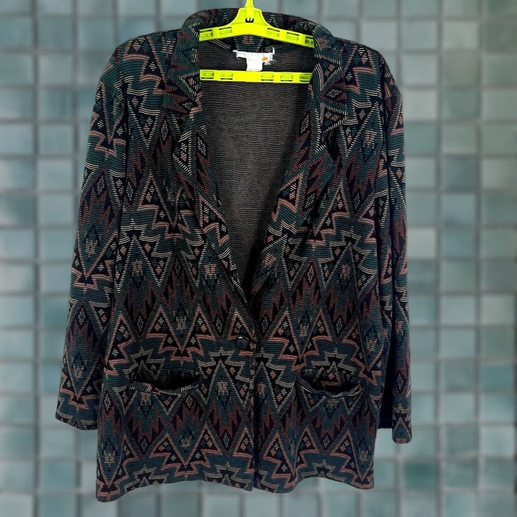Lucky Brand VINTAGE Lucky Brand Cardigan Sweater Geometric Western Open Knit L Women Brown Included: Button Accents, Western Pattern, Geometric Knit Size L / US 10 / IT 46 - 1 Thumbnail