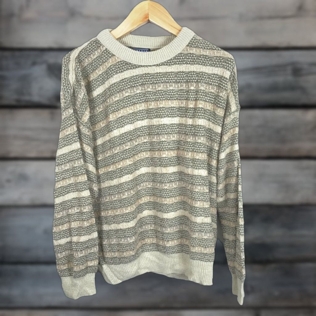Jantzen VINTAGE Jantzen Sweater Mens Large Beige Crewneck Knit Striped Textured Chunky Knit 90s Dad Style Pullover Size US L / EU 52-54 / 3 - 1 Thumbnail