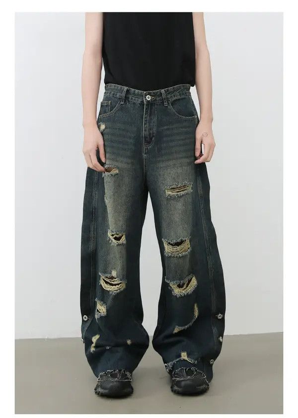 VIBE Men's loose straight raw edge washed wide-leg ripped jeans Size US 32 / EU 48 - 1 Thumbnail