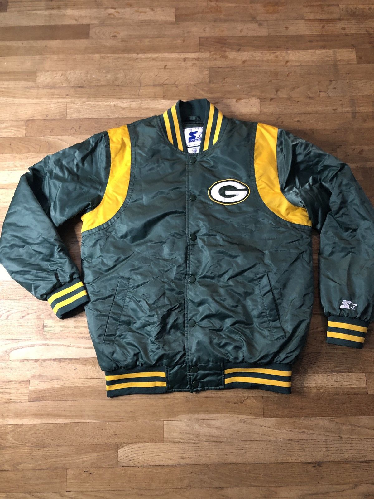 image of Starter x Vintage Greenbay Packers Bomber Jacket in Gold Green, Men's (Size Medium)