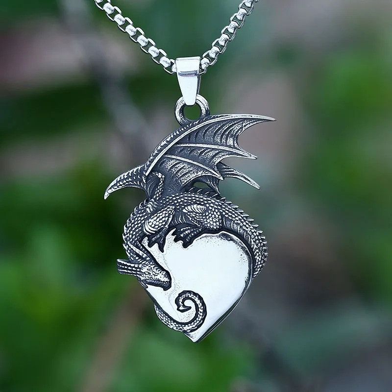 Jewelry 3D Dragon With Heart Pendant Necklace 2025 in Silver, Men's