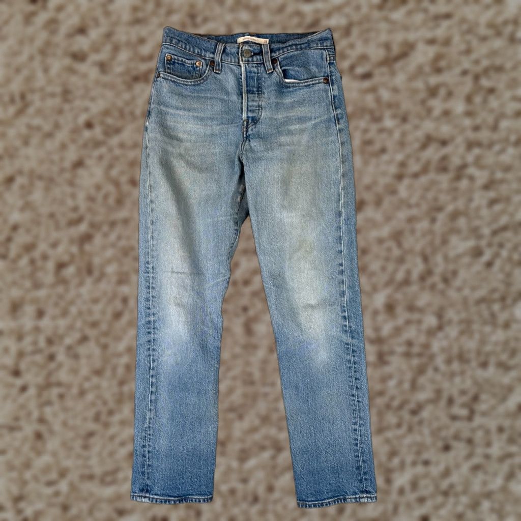 Levi's Levi's Wedgie Fit Vintage Women's Straight Jeans 25 Blue Denim Mid Rise Stretch Distressed 26x27 Size 42" / US 20 - 1 Thumbnail