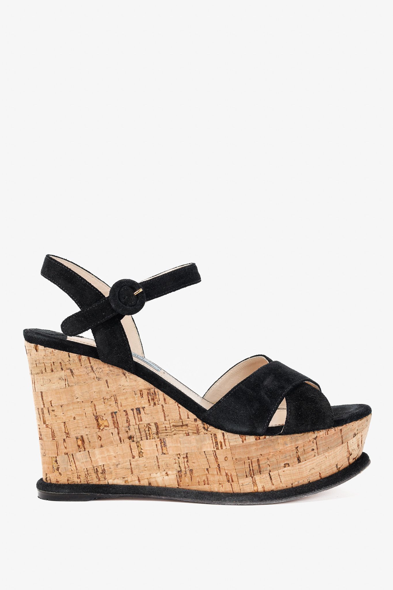 Prada Prada Nero Scamosciato Suede Cork Wedge Sandals Size US 6.5 / IT 36.5 - 1 Thumbnail