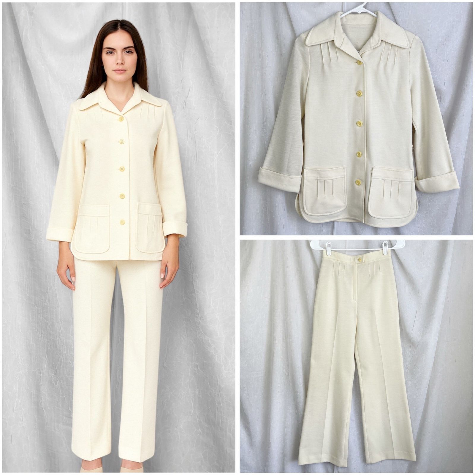 Vintage VTG 70’s Cream Blazer Jacket & High Waist Pants Suit Set XS Size 24" / US 00 / IT 34 - 25 Thumbnail