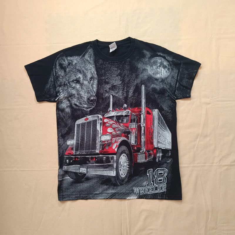 Fruit Of The Loom Truckers Black Tshirt Big Graphic Print Wolf Truck Mens M Size US M / EU 48-50 / 2 - 1 Thumbnail