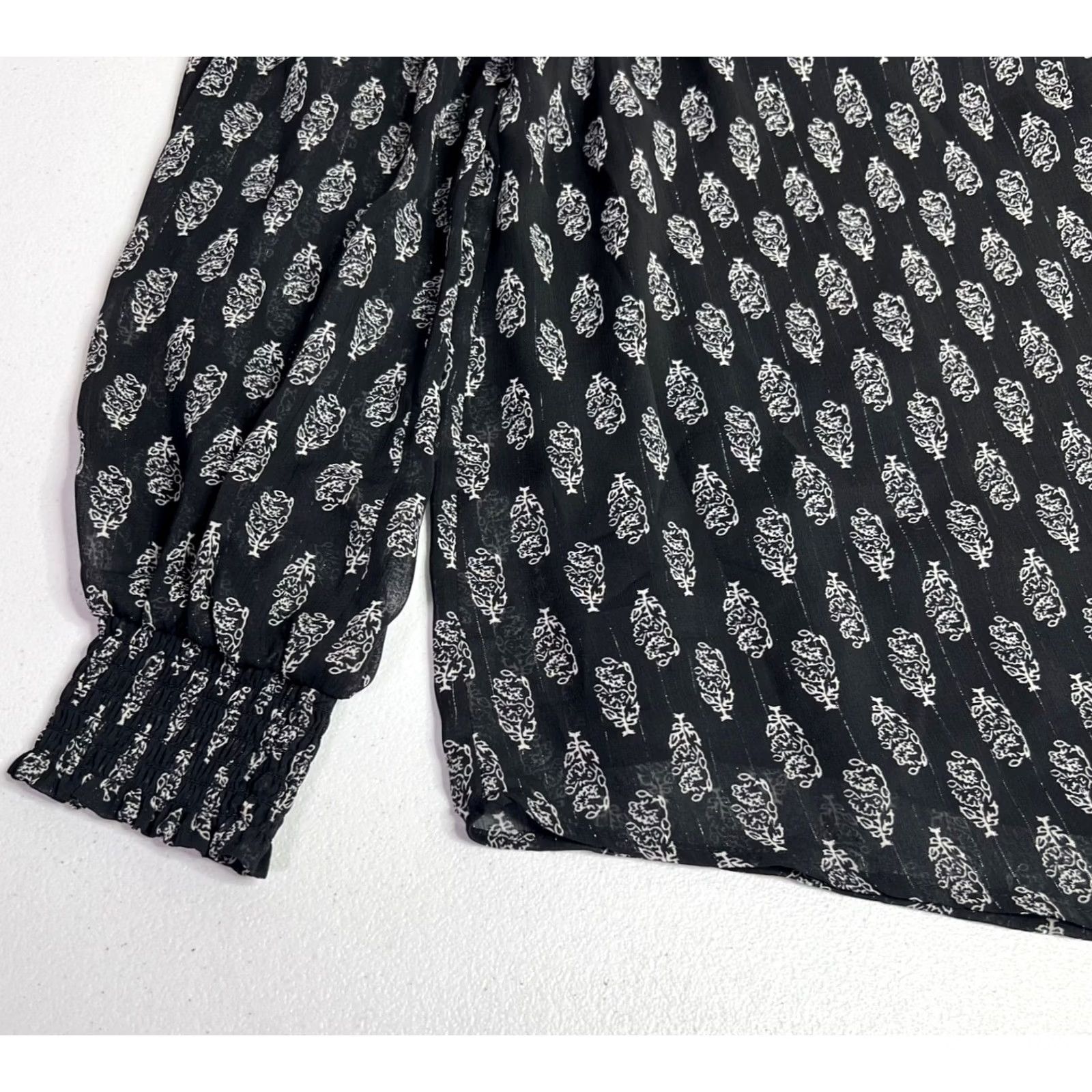 Vintage NY Collection Floral Smocked Mock Neck Top Womens XL Black White Metallic Office Size XL / US 12-14 / IT 48-50 - 6 Thumbnail