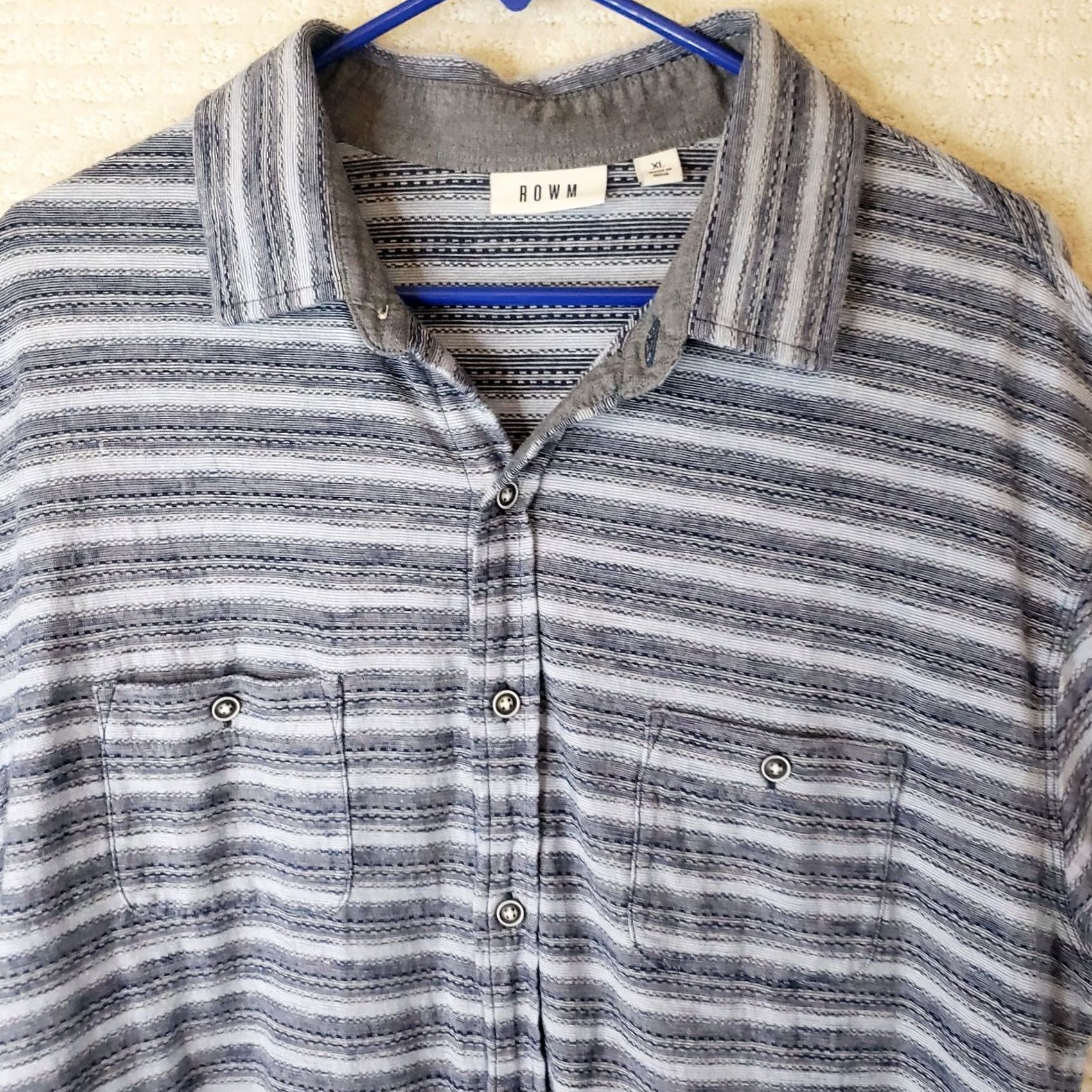 Vintage ROWM Button-Up Shirt XL Men Blue Gray White Striped Short Sleeve Casual Denim Look Soft Feel Shirt Size US XL / EU 56 / 4 - 3 Thumbnail