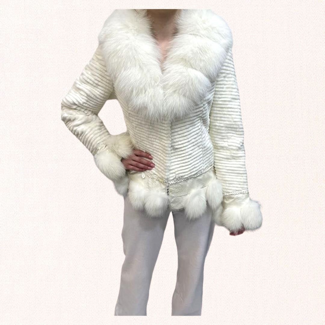 Designer white rabbit fur coat, collar is arctic fox sz S Size S / US 4 / IT 40 - 1 Thumbnail