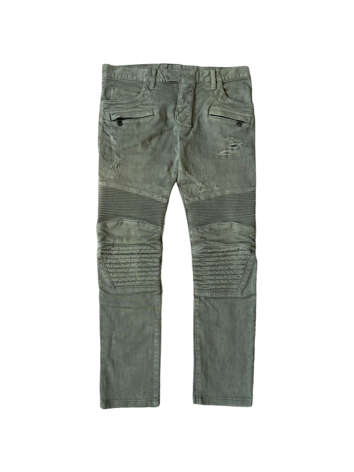 image of Balmain Ss15 Distressed Biker Denim in Gray/Green, Men's (Size 34)