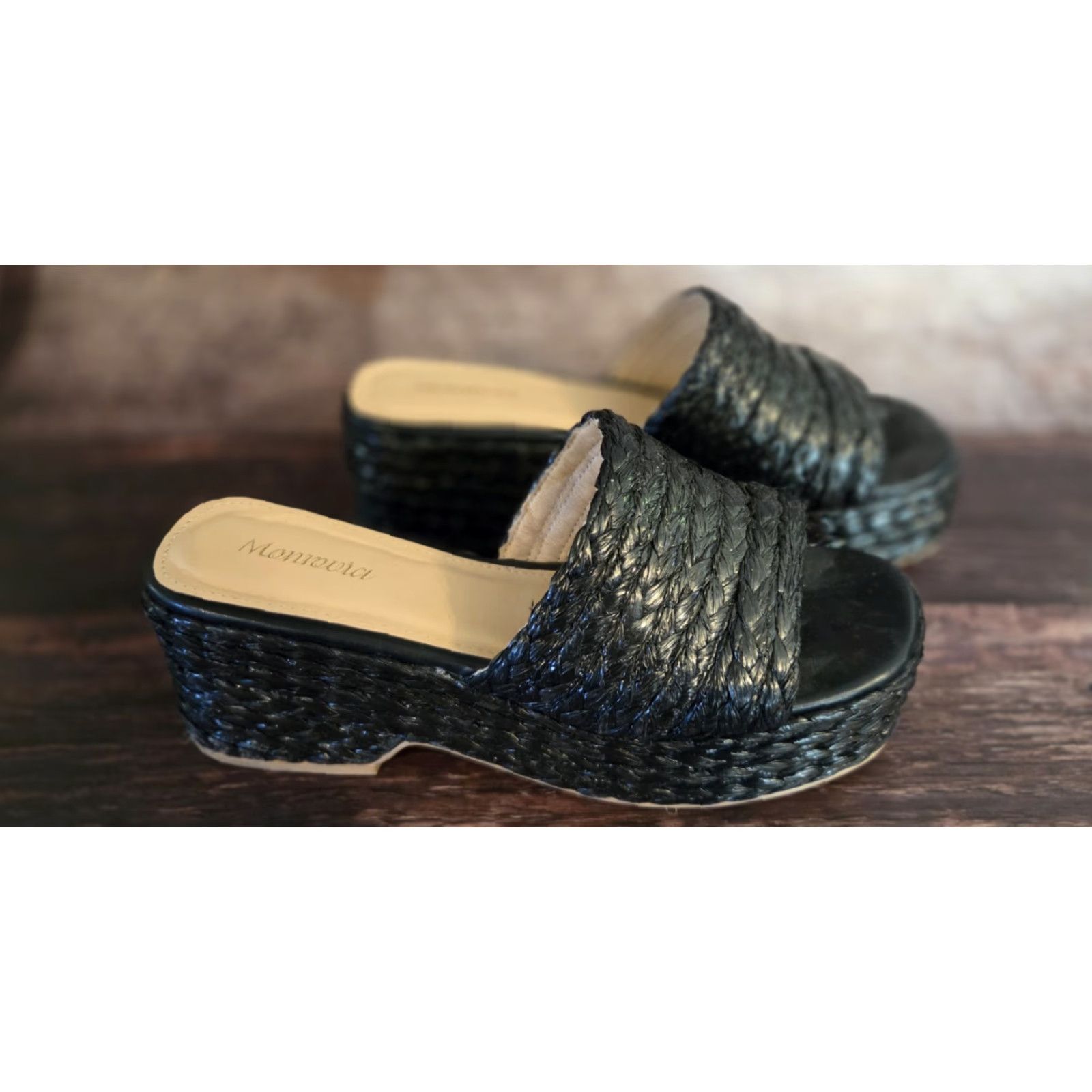 Vintage Monrovia Platform Sandal Women 9.5 Black Jute Raffia Open Toe Wedge Espadrille Summer Size US 10 / IT 40 - 3 Thumbnail