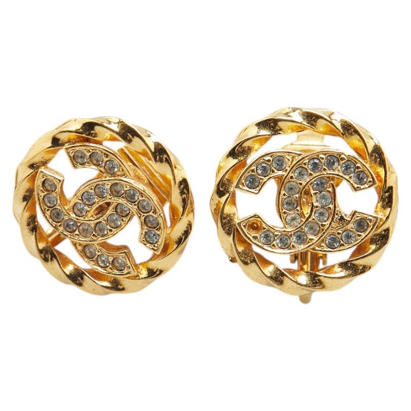 Chanel Chanel Chanel Coco Mark Rhinestone Round Earrings Metal Earrings Size ONE SIZE - 1 Thumbnail