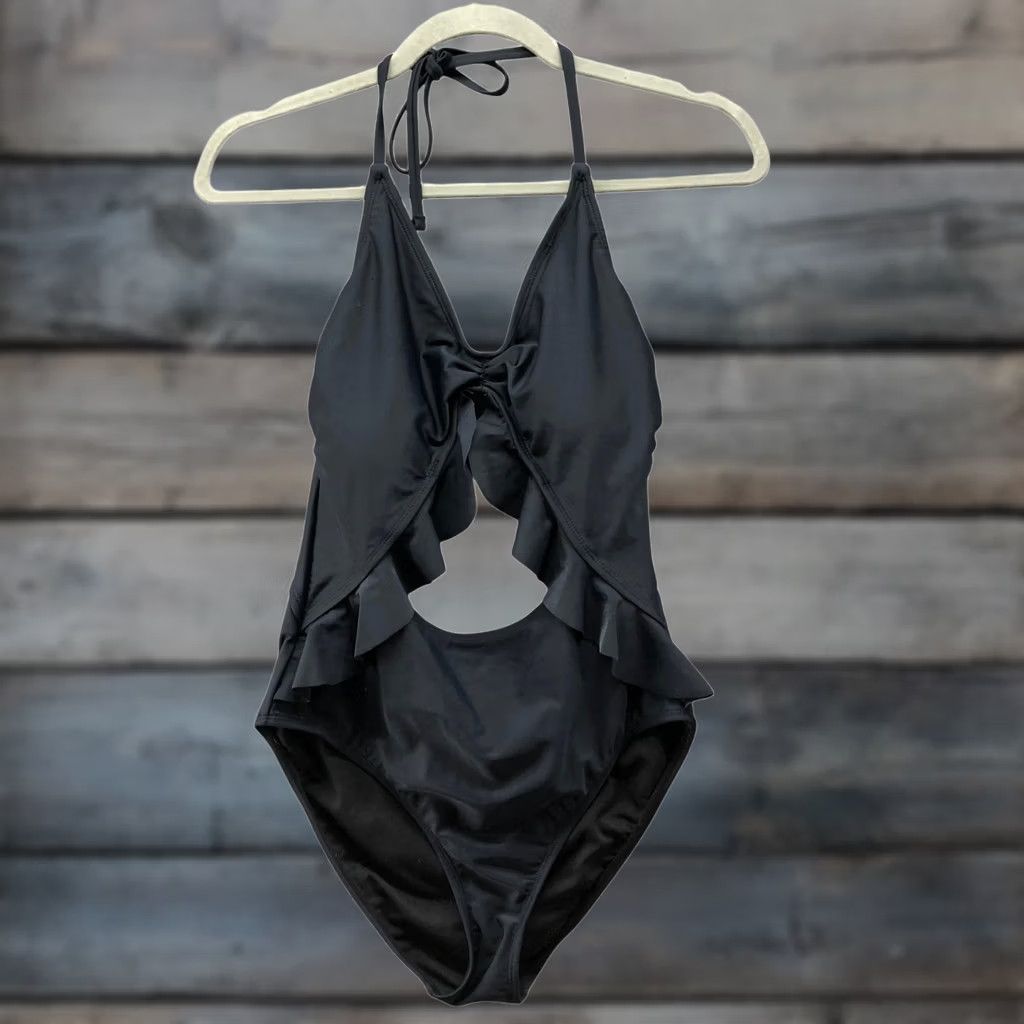 Vintage Bleu Ice One Piece Swimsuit Womens M Black Padded Halter Tie Ruffle Cutout Size ONE SIZE - 1 Thumbnail