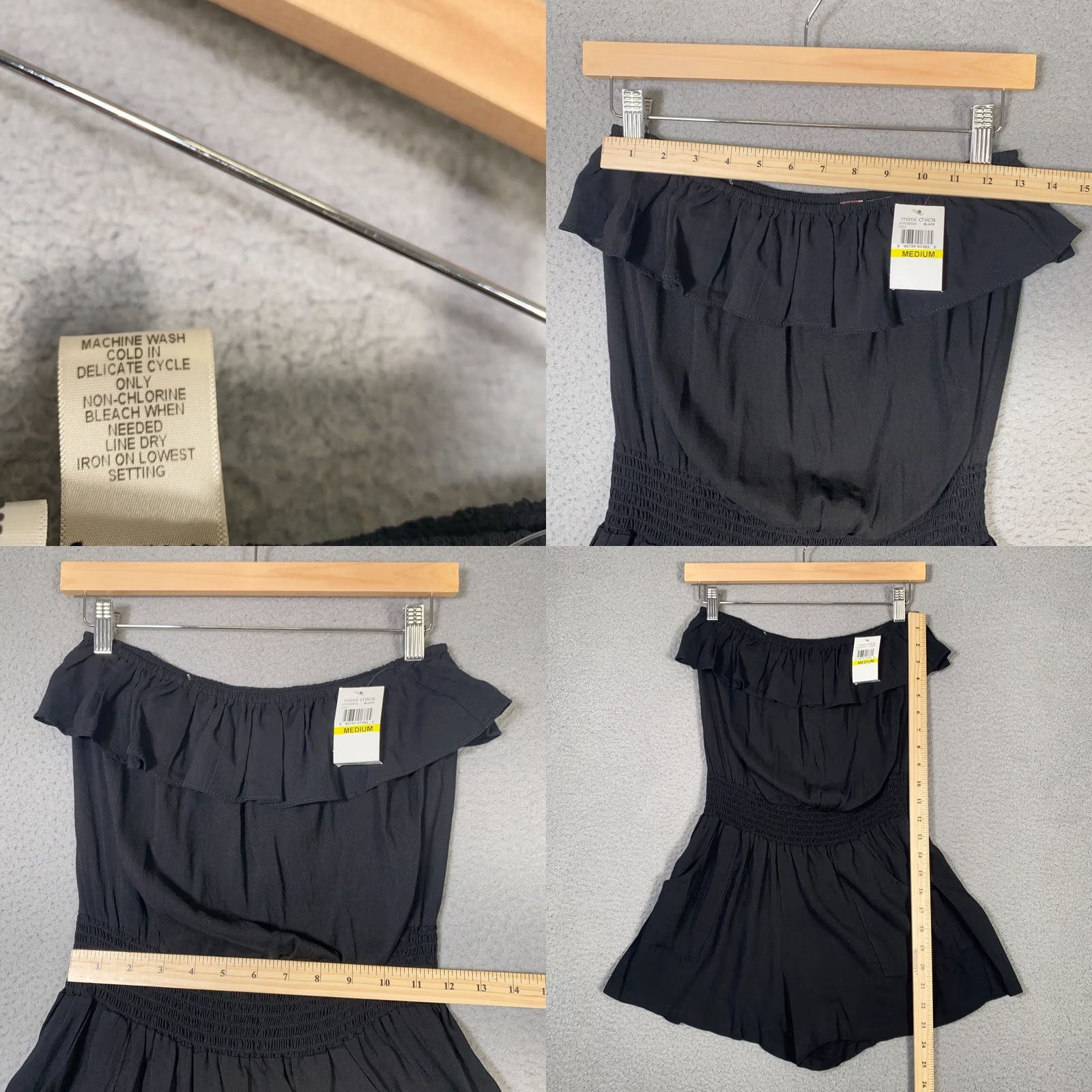 Vintage Mimi Chica Womens Romper Shirt One-Piece Strapless Pocket Smocked Ruffle Y2K Black Medium Size 32" / US 10 / IT 46 - 8 Thumbnail