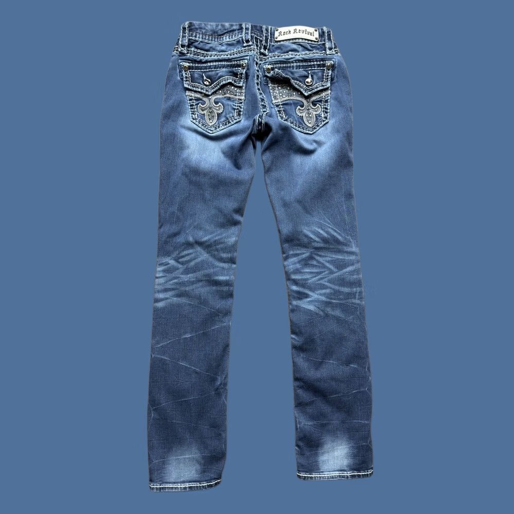 Vintage Rock Revival Avery Straight Jeans Women's 27 Blue Denim Rhinestones Flap Pockets Embroidered Thick Stitching Size 27" / US 4 / IT 40 - 1 Thumbnail