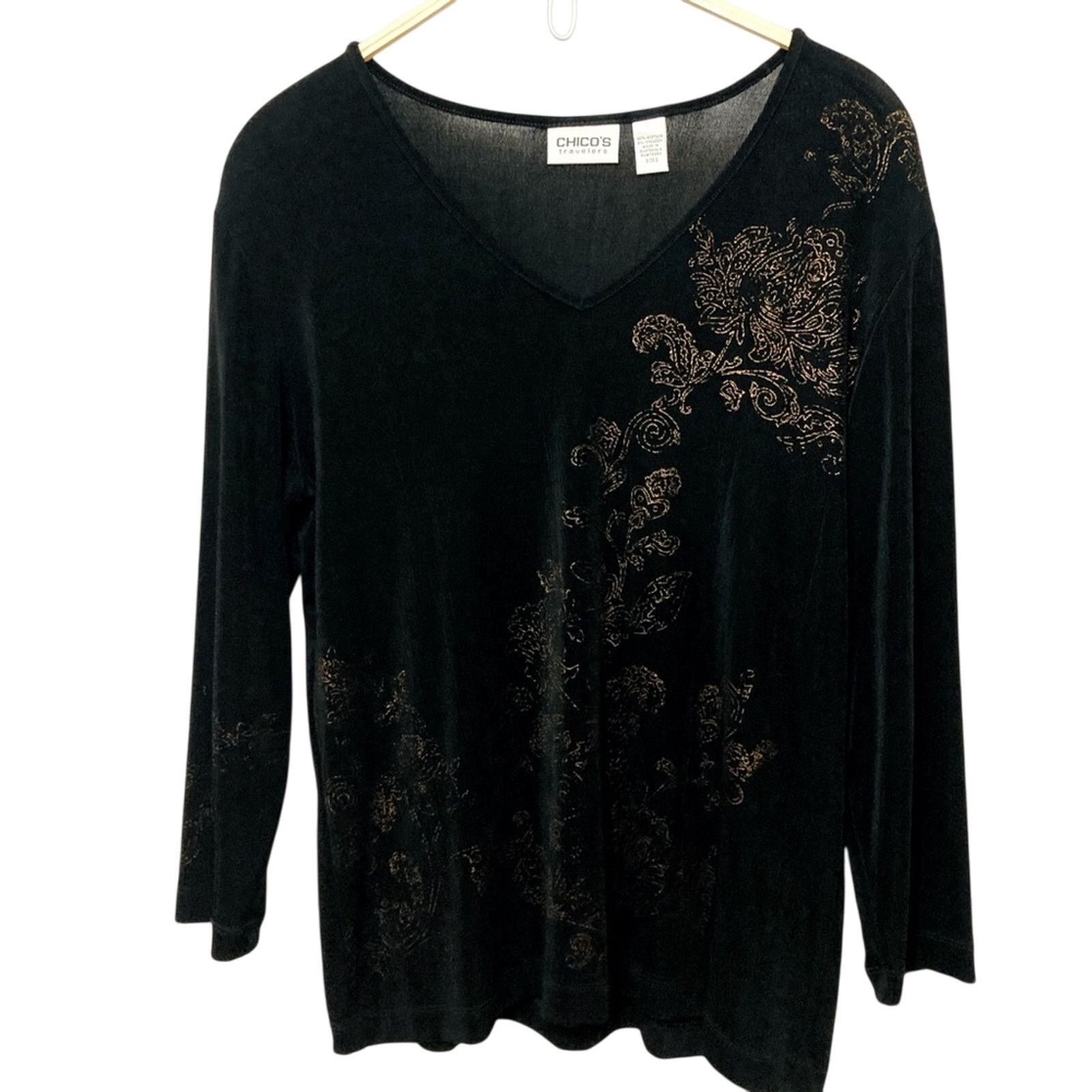 Other Chico’s Travelers Black Gold Floral Long Sleeve V-neck Top Size L / US 10 / IT 46 - 1 Thumbnail