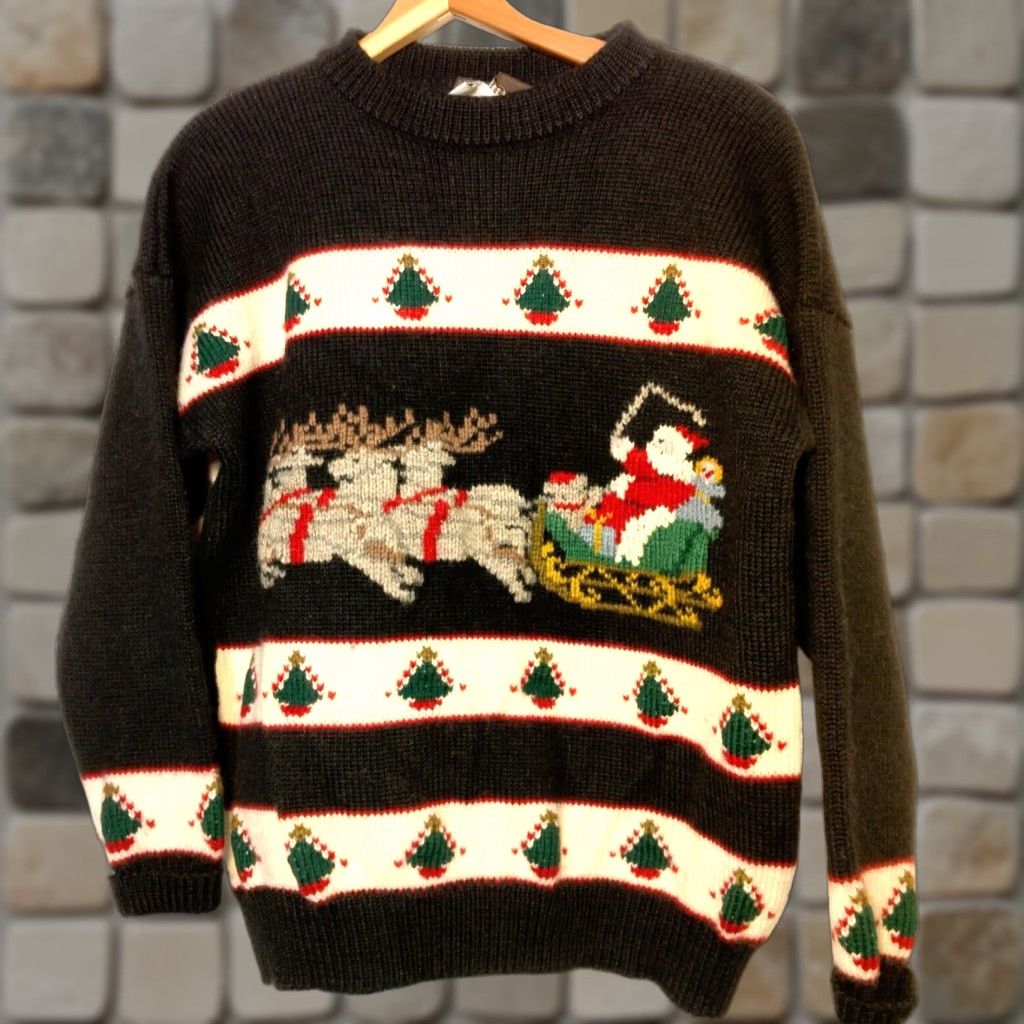 Vintage VINTAGE South Wool Christmas Sweater M Pure New Wool Black Hand Loomed Santa Reindeer Casual Long Sleeve Pullover Womens Size M / US 6-8 / IT 42-44 - 1 Thumbnail