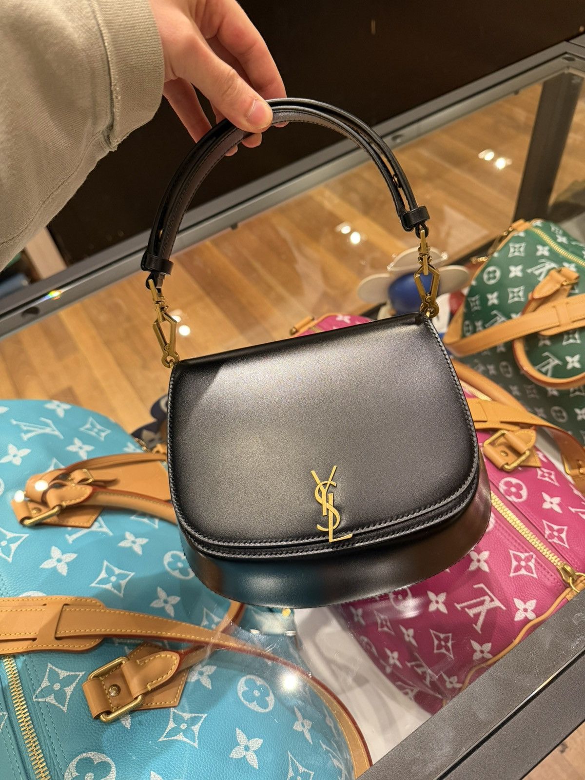 YSL Voltaire Top Handle Shoulder Bag Black Box Leather