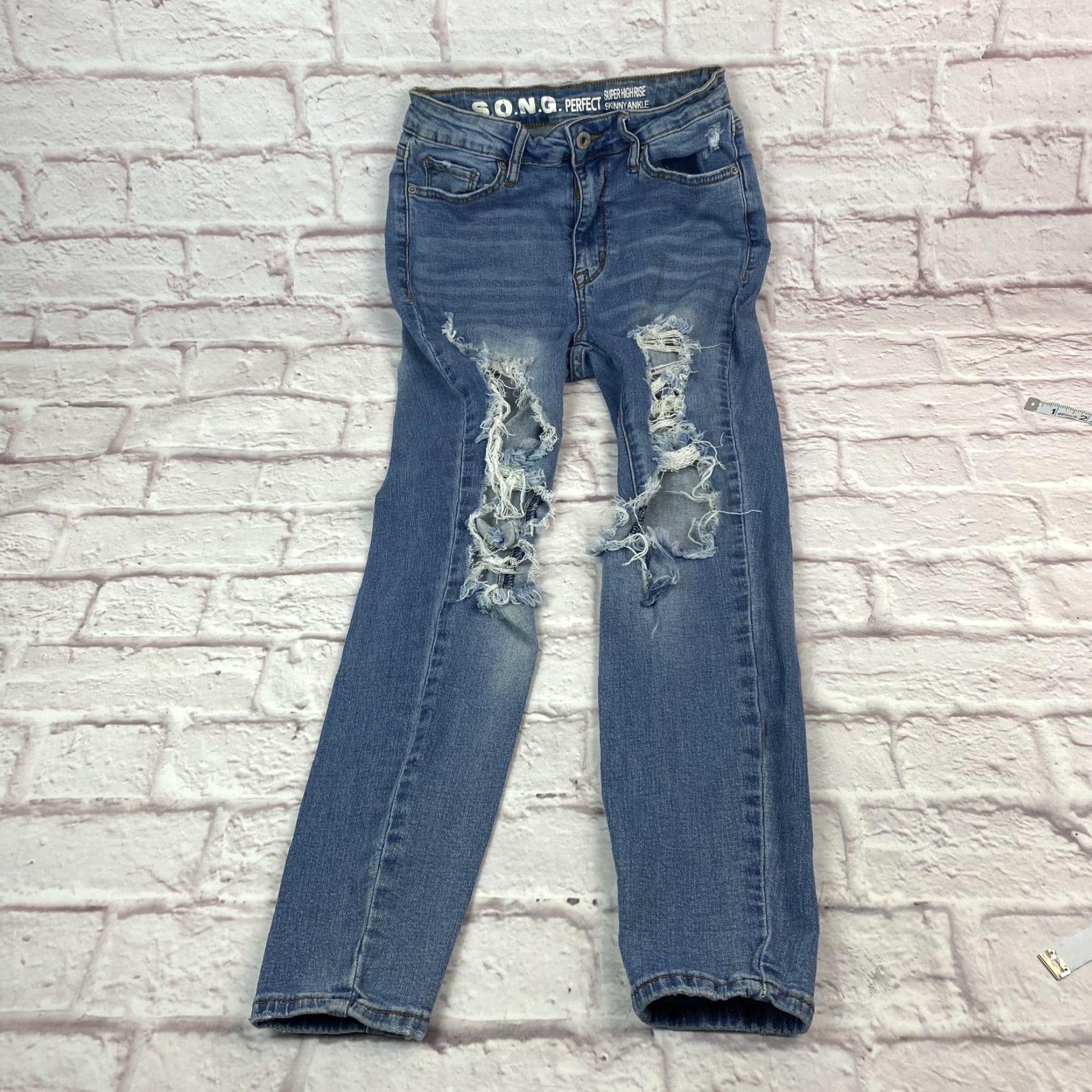 Vintage S.O.N.G Jeans Womens 7 28 Distressed Super High Rise Skinny Ankle Denim Pants Size 28" / US 6 / IT 42 - 2 Thumbnail