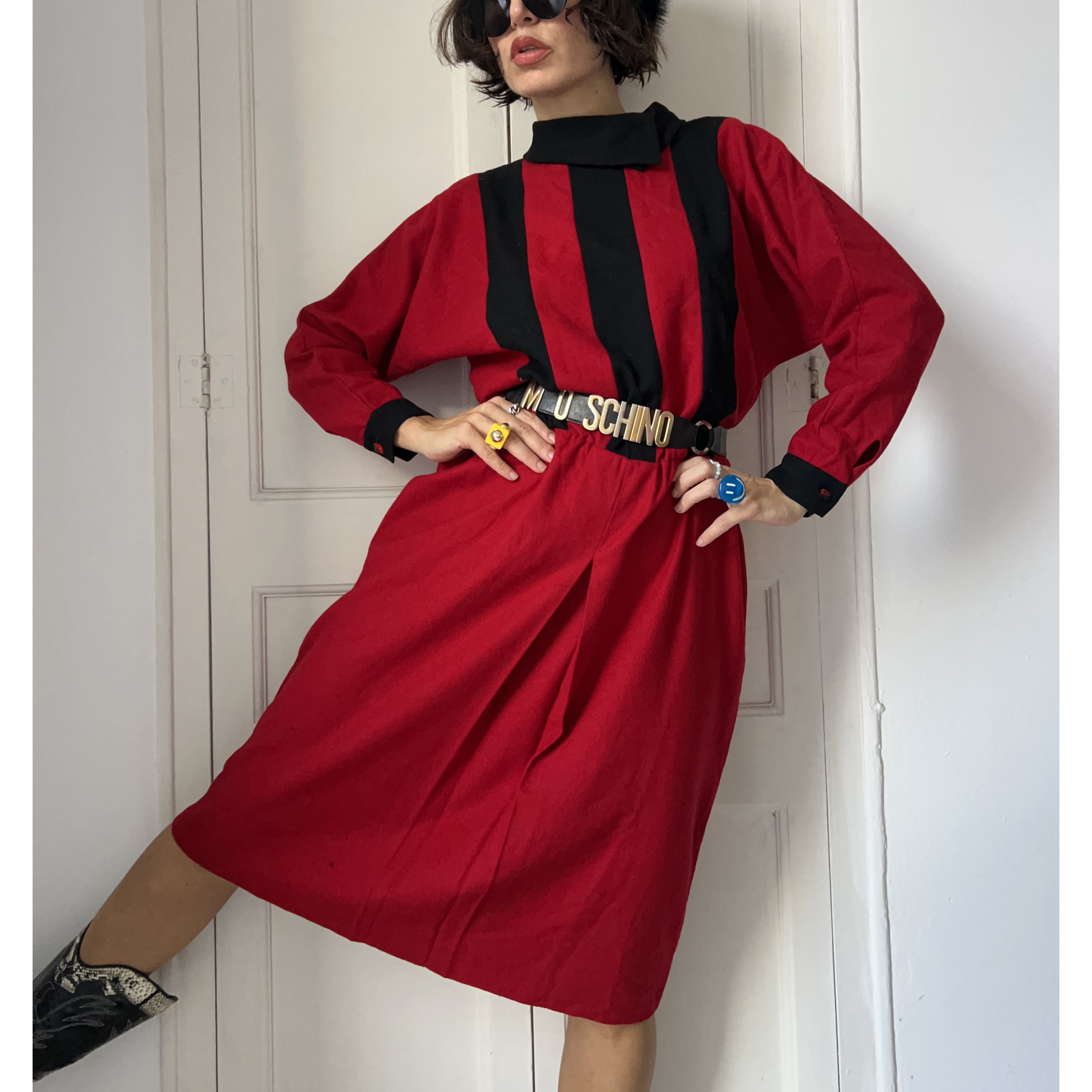 Vintage Vintage 80s Red Black Striped Wool Dress Size L / US 10 / IT 46 - 8 Thumbnail
