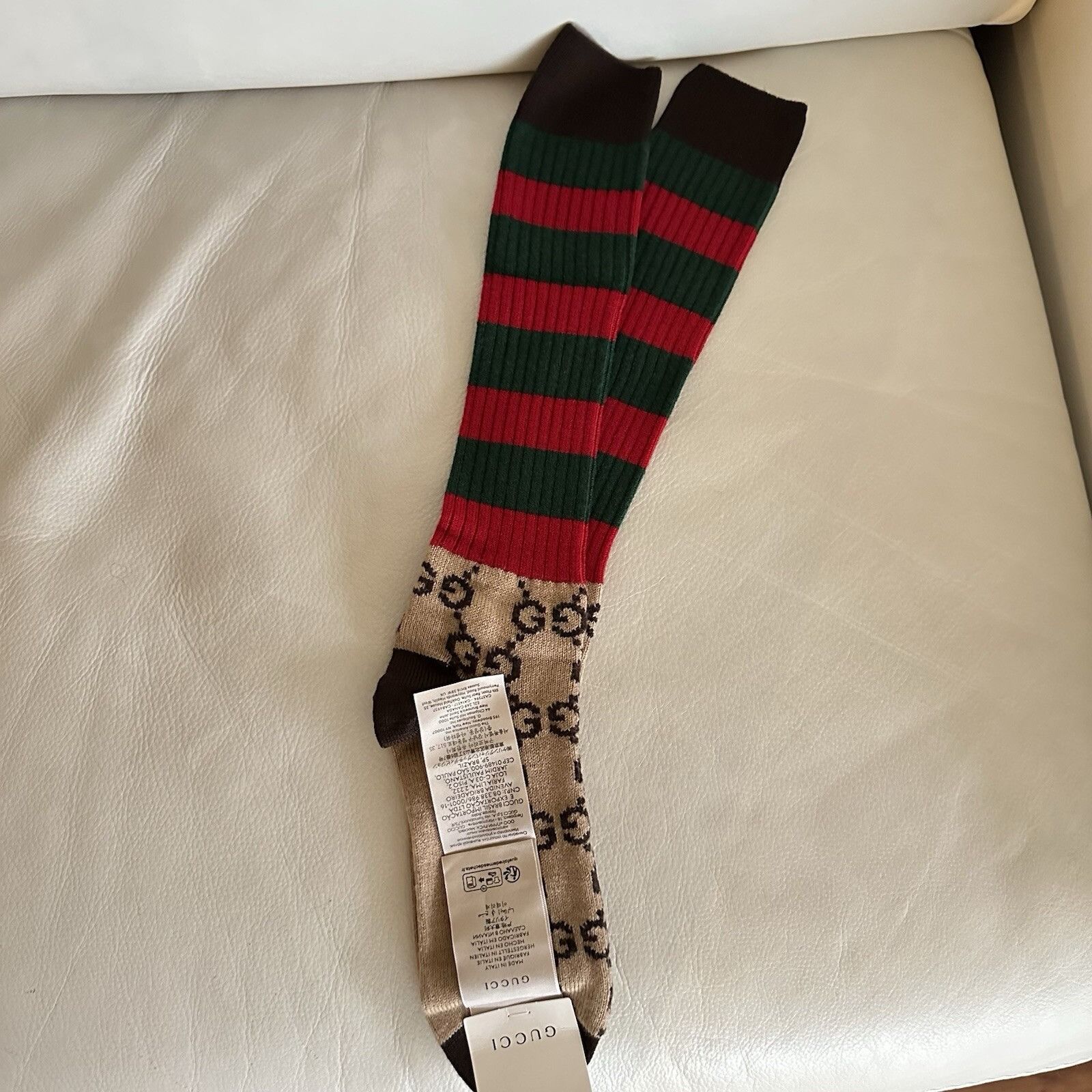 Gucci NEW GUCCI GG Striped Wool Socks Web GG Brown Green Red 100% Size ONE SIZE - 3 Thumbnail