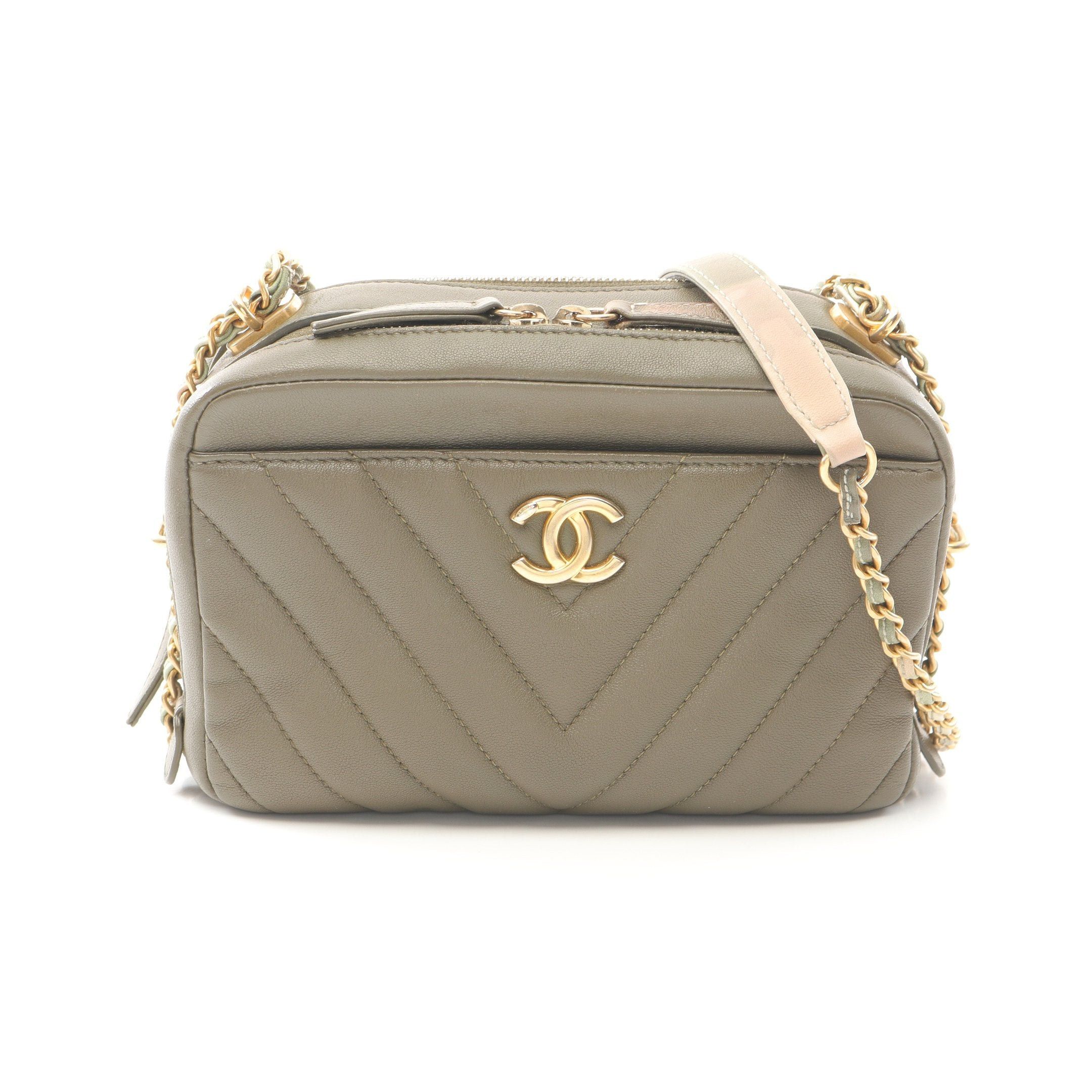 Chanel Chevron V-Stitch Chain Shoulder Bag Lambskin Khaki Green Gold Hardware, Women's