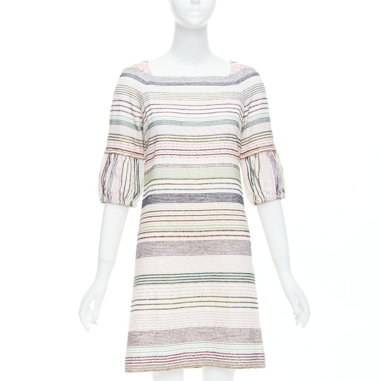 Chanel CHANEL 07A Runway white multicolor tweed chain trimmed sleeve dress FR36 S Size S / US 4 / IT 40 - 1 Thumbnail