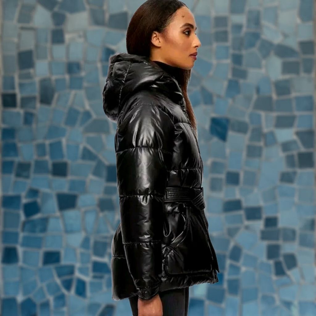Vintage NOIZE Bonita Short Puffer Jacket Black Metallic Women's L Windproof Water Resistant Incl. Belt Logo Hooded Full Zip Insulated Winter Slim/Regular Fit Size 36" / US 14 / IT 50 - 1 Thumbnail