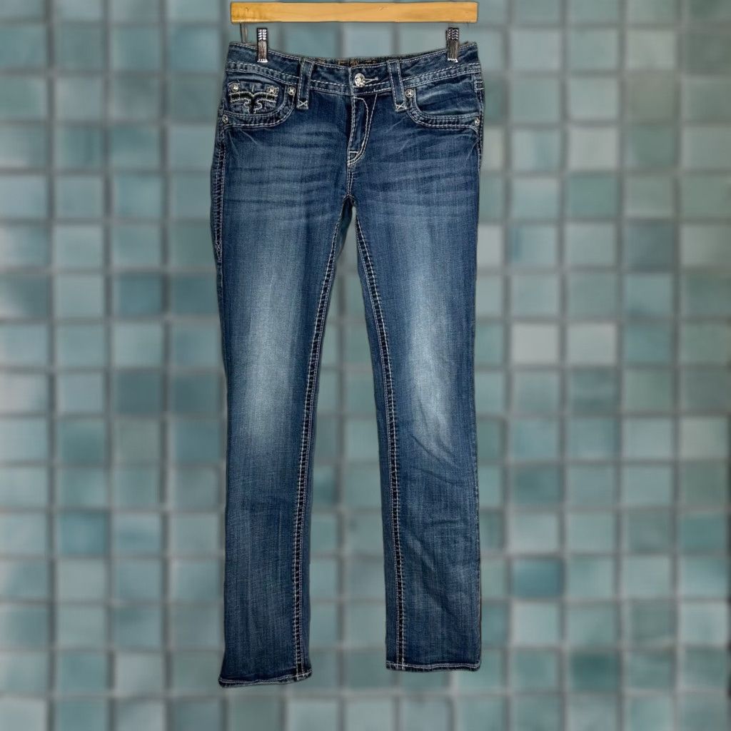 Vintage Rock Revival Jeans 29 Gina Straight Medium Wash Sequin Embroidered Logo Pockets Y2K Western Womens Jeans Size 29" - 1 Thumbnail