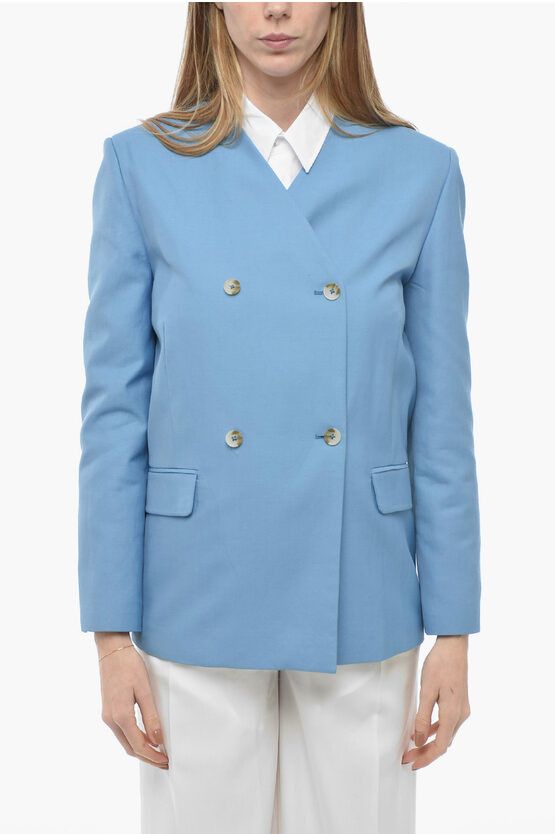 image of Loulou Studio Double-Breasted Lapel-Less Flax Blend Blazer in Light Blue, Women's (Size XS)