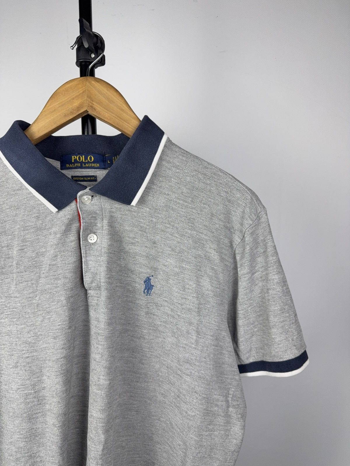 Polo Ralph Lauren Y2K 00s Ralph Lauren Custom Slim Fit Polo Grey Navy Trim L Size US L / EU 52-54 / 3 - 2 Thumbnail