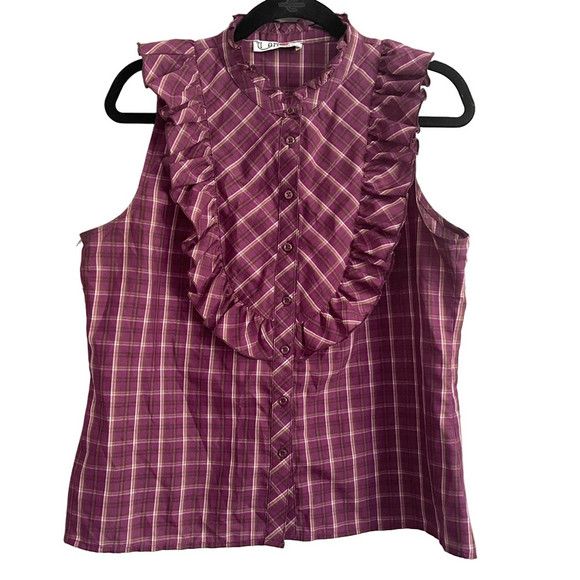 Other Purple Plaid Ruffled Front Sleeveless Blouse - Large Size L / US 10 / IT 46 - 8 Thumbnail