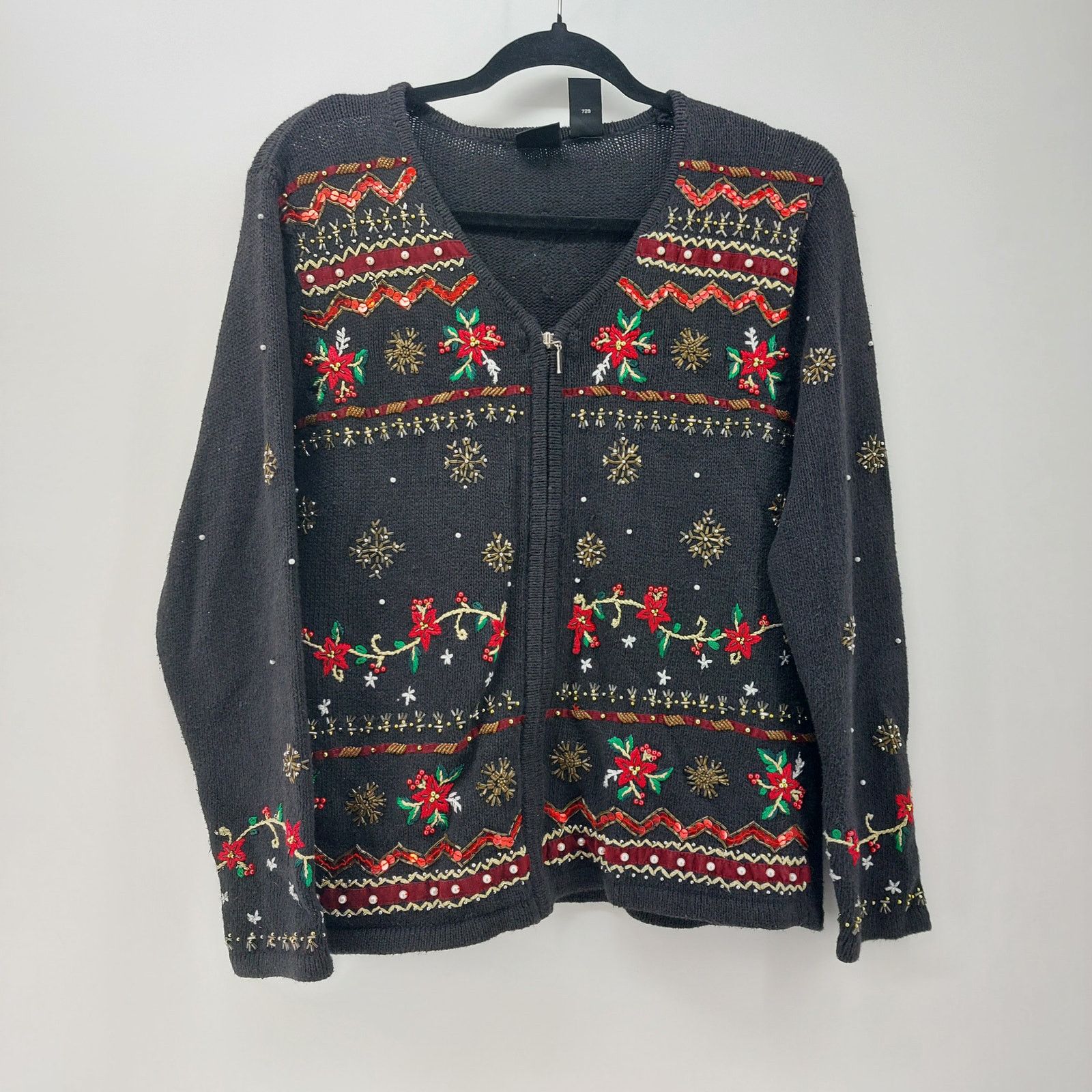 Other Erika PM Ugly Christmas Sweater Cardigan Black Poinsettia Size M / US 6-8 / IT 42-44 - 13 Thumbnail