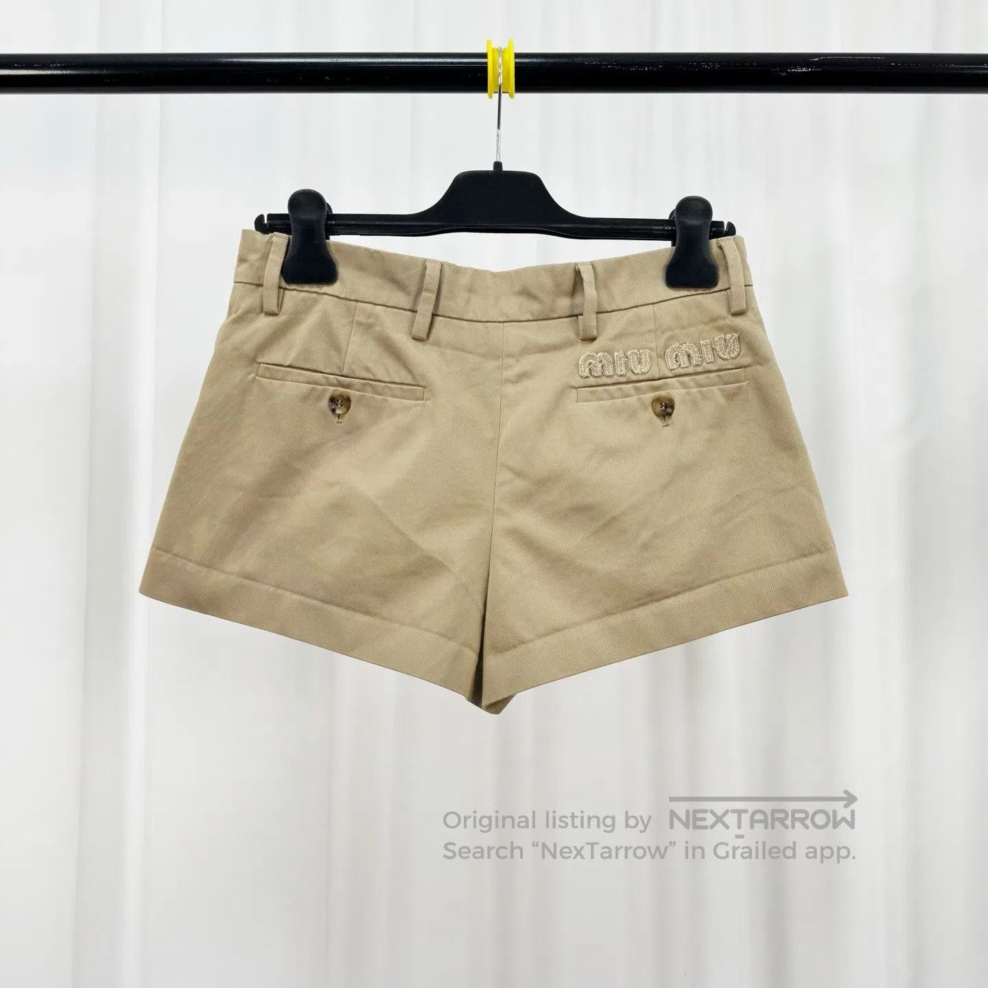 Miu Miu Miu Miu New Arrival Khaki Embroidered Patch Letter Shorts| Size 37" - 1 Thumbnail