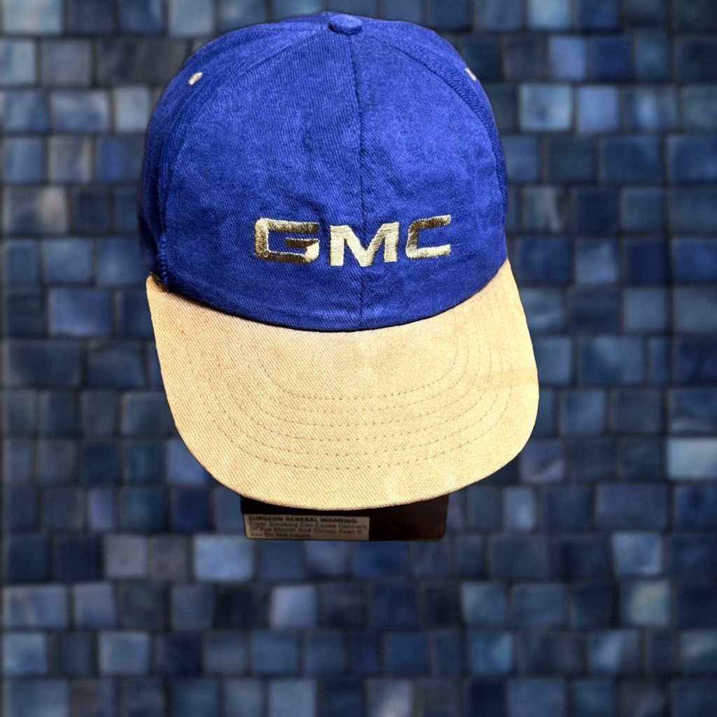 Vintage VINTAGE General Motors Company GMC Snapback Hat Navy Blue Suede Brown Tan 80s Swingster Men One Size Blue Car Dad Snapback Hats Mens Size ONE SIZE - 1 Thumbnail