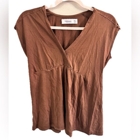 Zara Zara Basic Brown V-Neck Gathered Top L Size L / US 10 / IT 46 - 1 Thumbnail