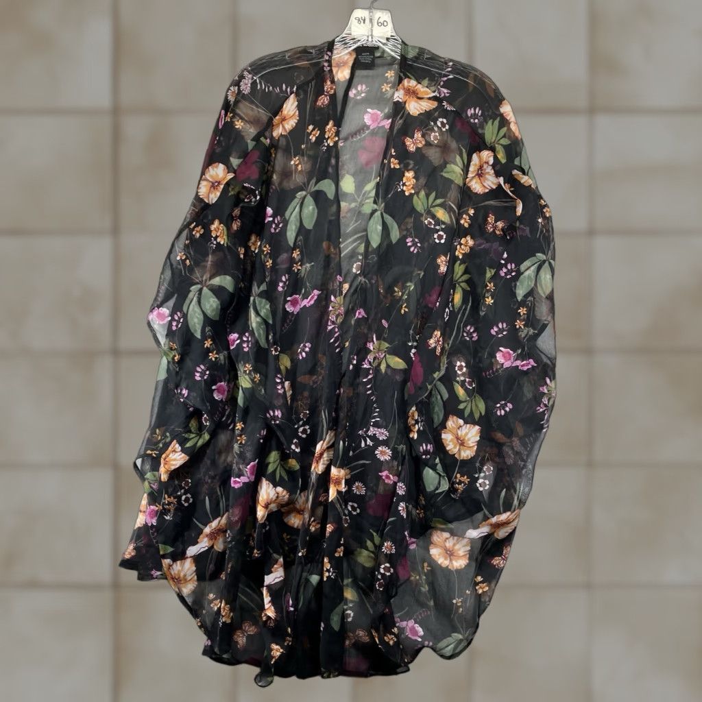 Steve Madden Steve Madden Kimono Women's OS Black Whimsigothic Floral Sheer Short Sleeves Open Front Flowy Bohemian Gothic Witchy Size 42" / US 20 - 1 Thumbnail