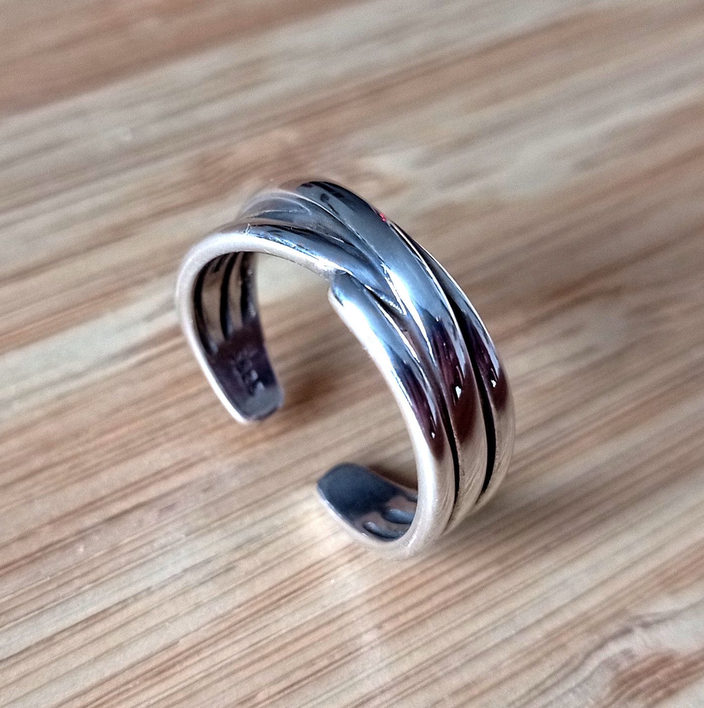 Designer × Vintage Punk Shine Asymmetric Float Stripes 925 Silver Ring Unique Size ONE SIZE - 3 Thumbnail