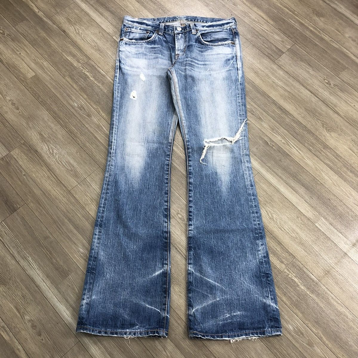 Edwin × If Six Was Nine × Le Grande Bleu (L.G.B.) 2000s Edwin 503 Distressed Punk Faded Bootcut Flared Jeans Size US 29 - 1 Thumbnail