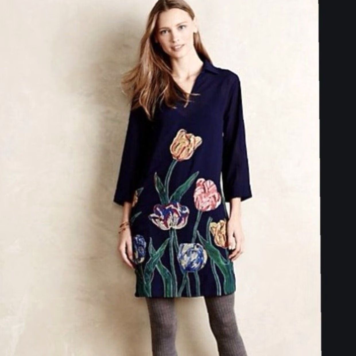 Anthropologie Anthropologie Pankaj & Nidhi Navy Blue Floral Embroidered Shift Dress Midi Sz SP Women Size S / US 4 / IT 40 - 2 Thumbnail