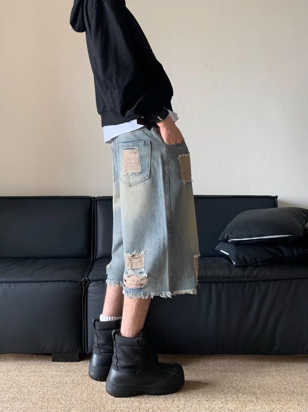 Designer × Japanese Brand Street Jorts Washed Dirty Hole Short Jeans y2k Size US 34 / EU 50 - 2 Thumbnail