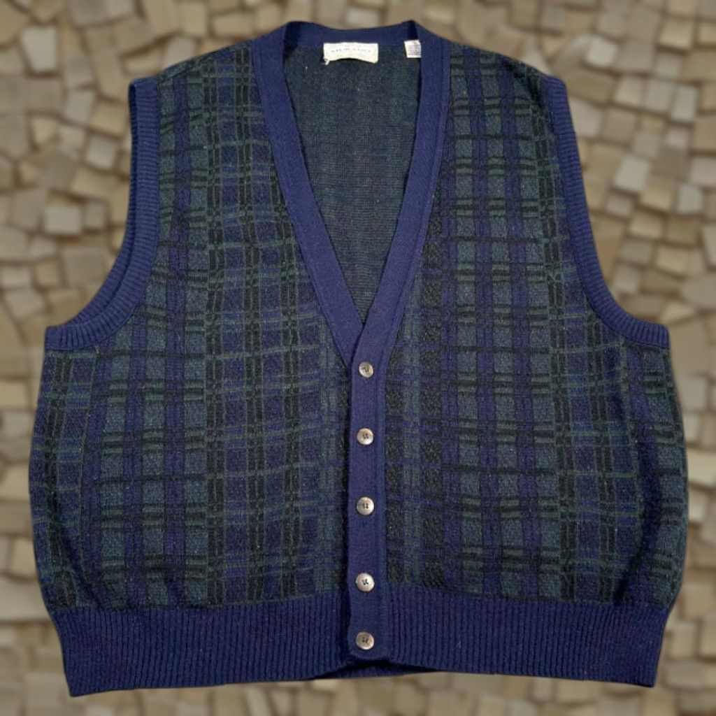 Murano VINTAGE Murano Sweater Vest Cardigan 90s Adult Large Blue Green Plaid Wool Knit Crew Neck Mens Size US L / EU 52-54 / 3 - 1 Thumbnail