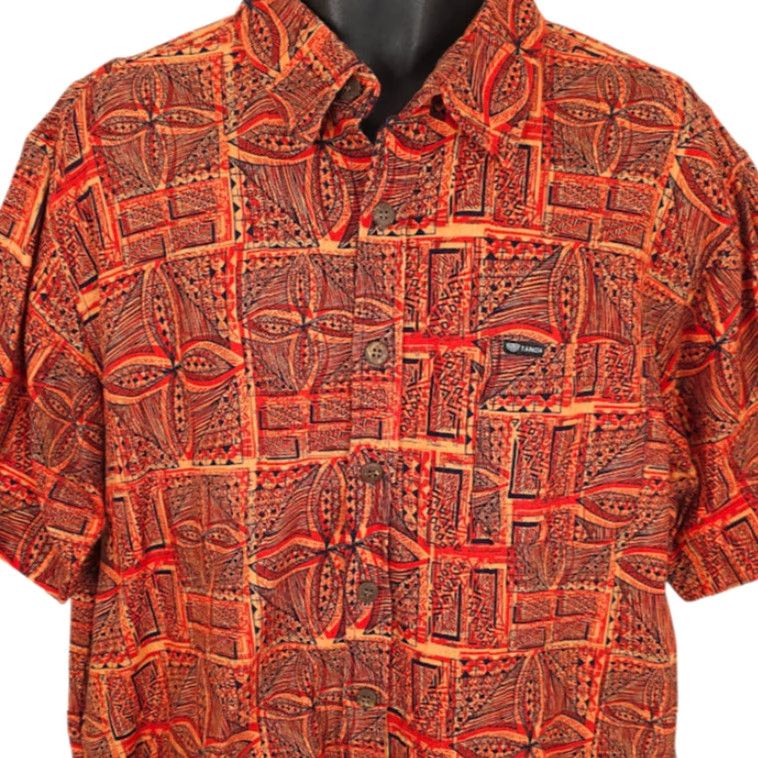 Vintage Tanoa Barkcloth Shirt Mens 2XL Orange All Over Print Abstract Camp Tiki Hawaiian Polynesian Geometric Button-Up Collar-Down Sleeves Short Nightlife? Size US XXL / EU 58 / 5 - 2 Thumbnail