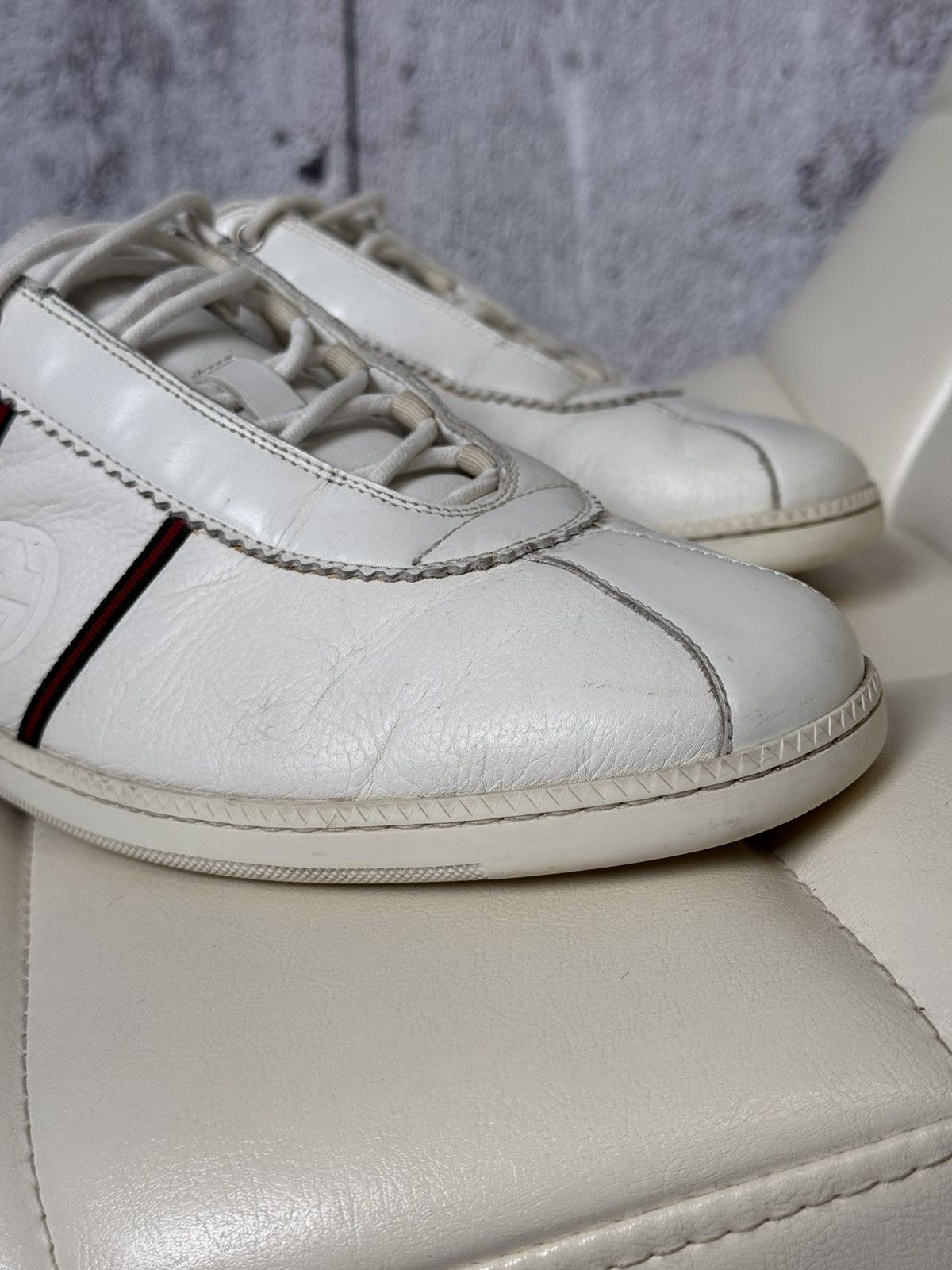 Gucci Gucci White Leather Low Top Sneakers Web Stripe & GG Logo Size US 9 / EU 42 - 10 Thumbnail