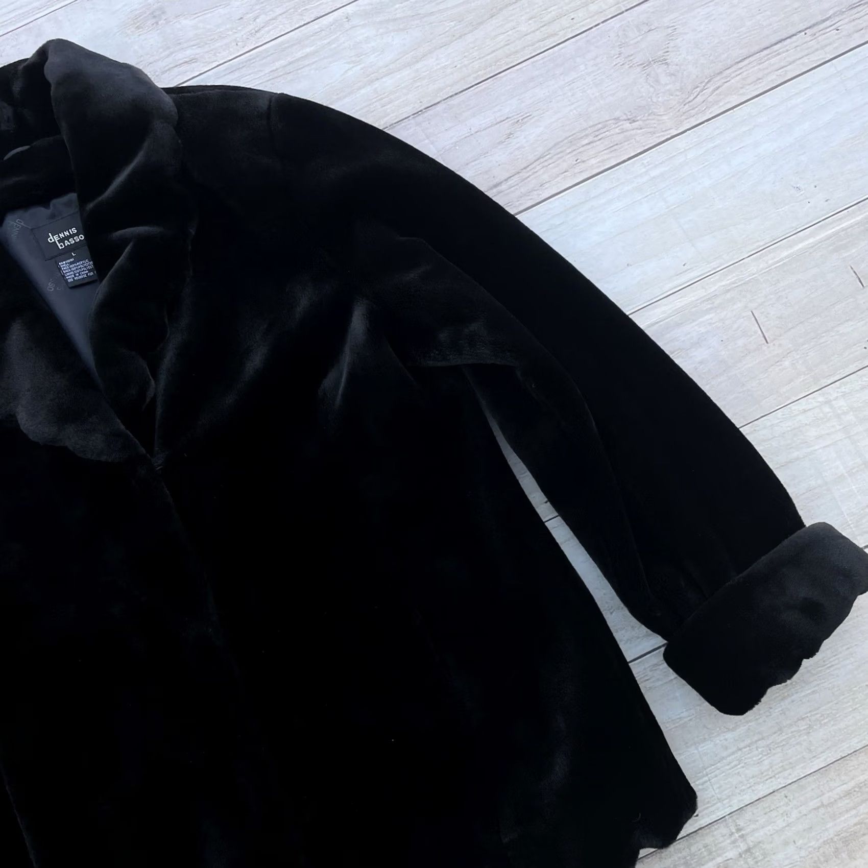 Vintage Dennis Basso Black Faux Fur Overcoat Women’s Large Mid-Length Collared Scalloped Fur Trim Coat Size L / US 10 / IT 46 - 5 Thumbnail