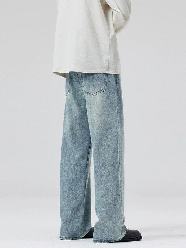Jean Light blue men's washed high street straight versatile jeans Size US 32 / EU 48 - 4 Thumbnail