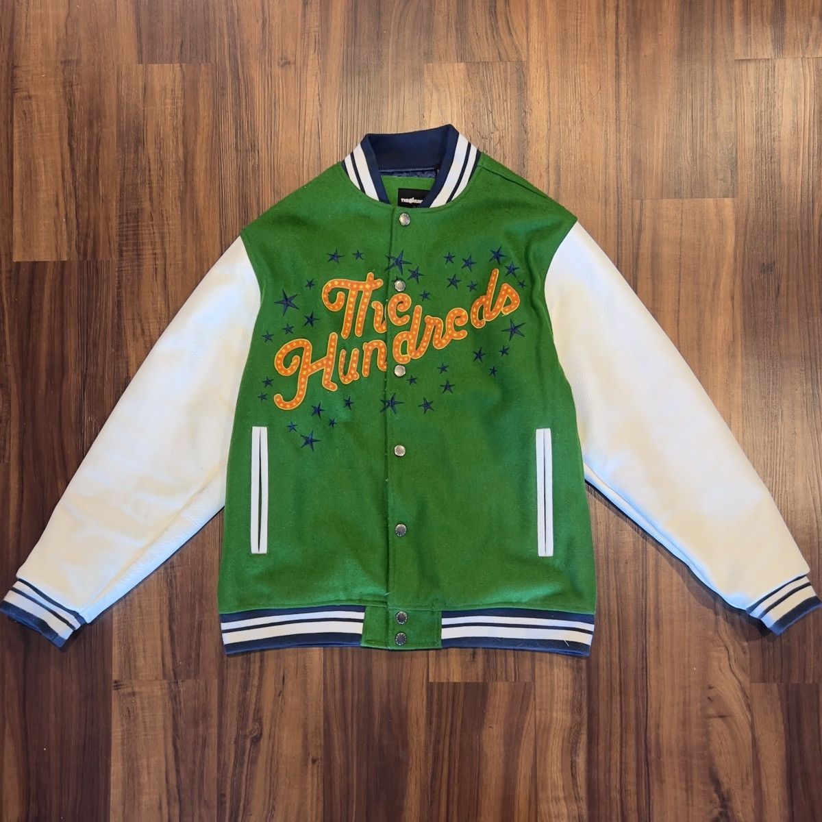 image of The Hundreds Leather And Wool Varsity in White/Orange/Yellow, Men's (Size Large)