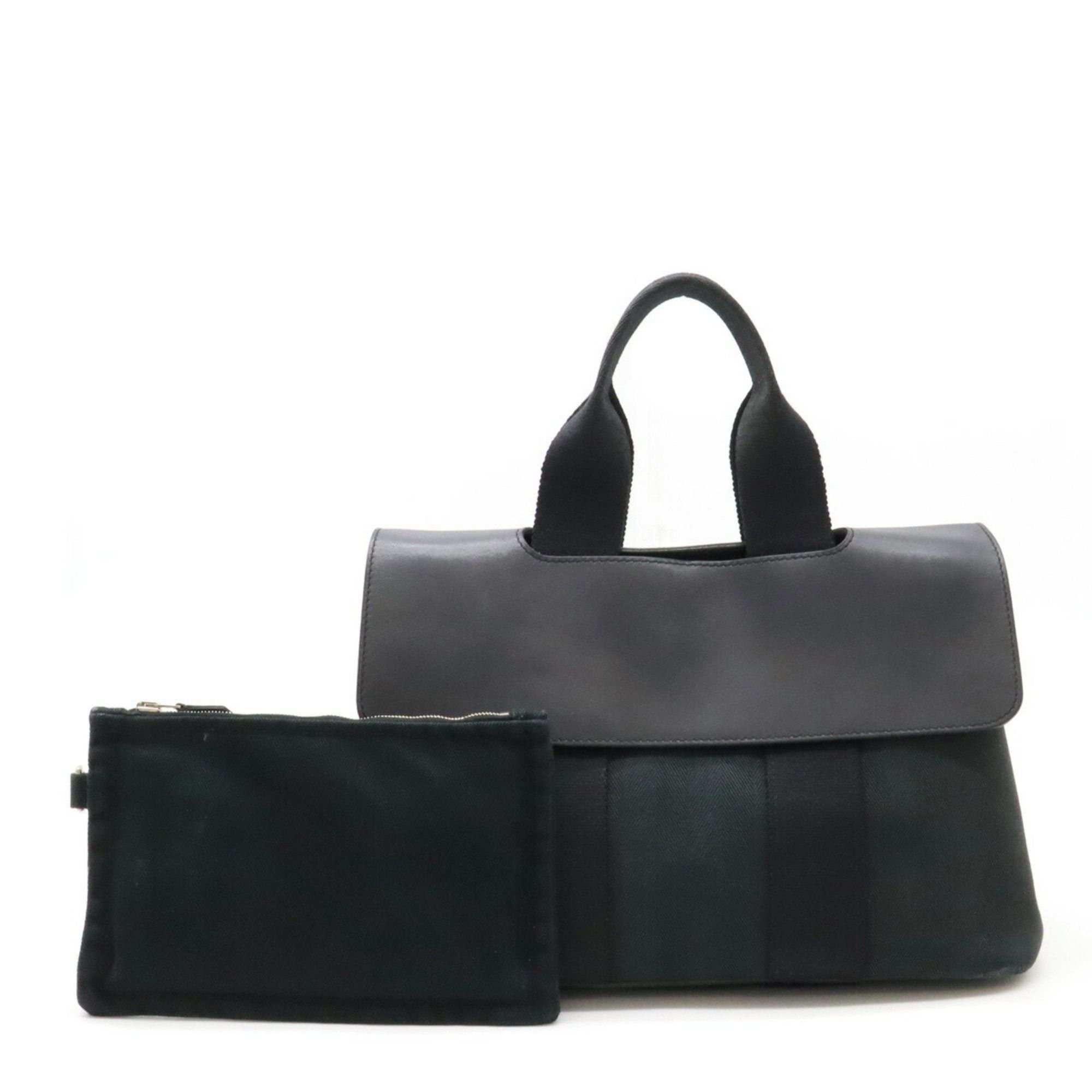 image of Hermes Valparaiso Pm Handbag Tote Bag Toile Chevron Leather Black, Women's