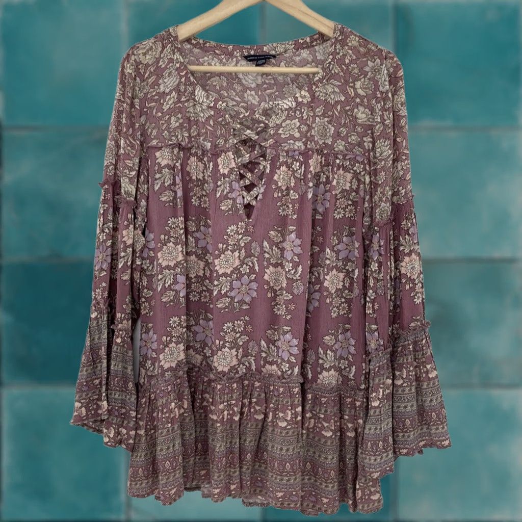 American Eagle Outfitters American Eagle Outfitters Blouse Boho Peasant Bell Sleeve Multicolor Floral Relaxed Size S Womens Size S / US 4 / IT 40 - 1 Thumbnail