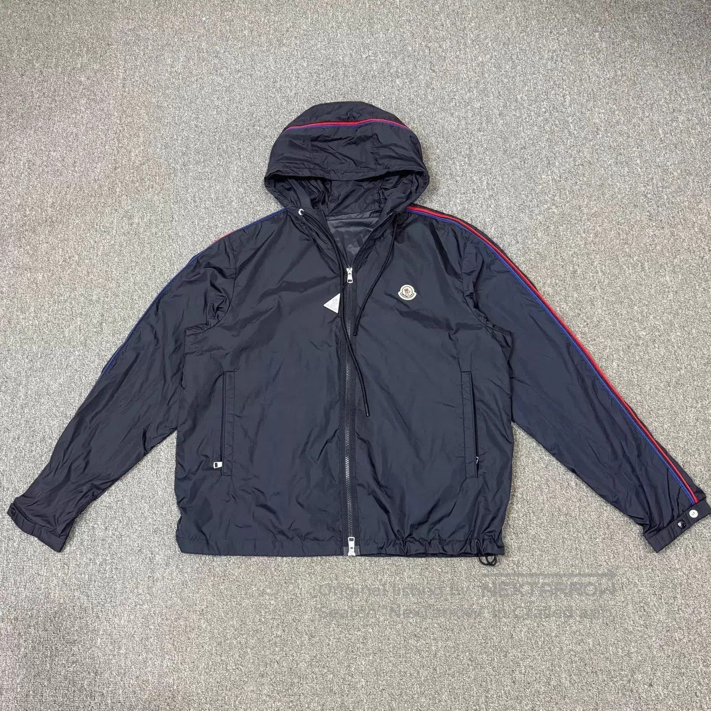 Moncler Blue Hooded Jacket with Striped Sleeves - XXL. Size US XXL / EU 58 / 5 - 1 Thumbnail