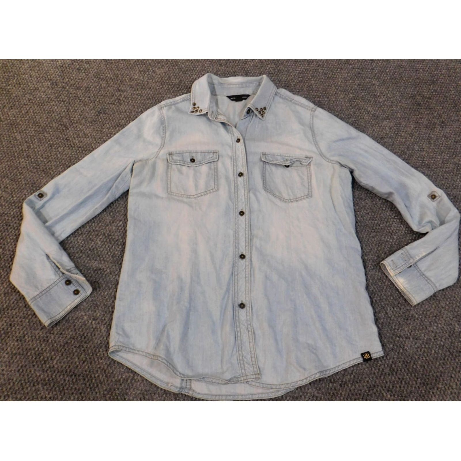 Vintage Rock & Republic Womens Button-Up Top Denim Blue L Retro Pockets Cotton Lyocell Long Sleeve Shirt Size L / US 10 / IT 46 - 2 Thumbnail